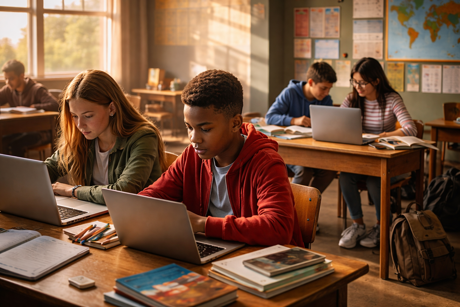 Students working on laptops in a classroom with uneven access to guidance and resources