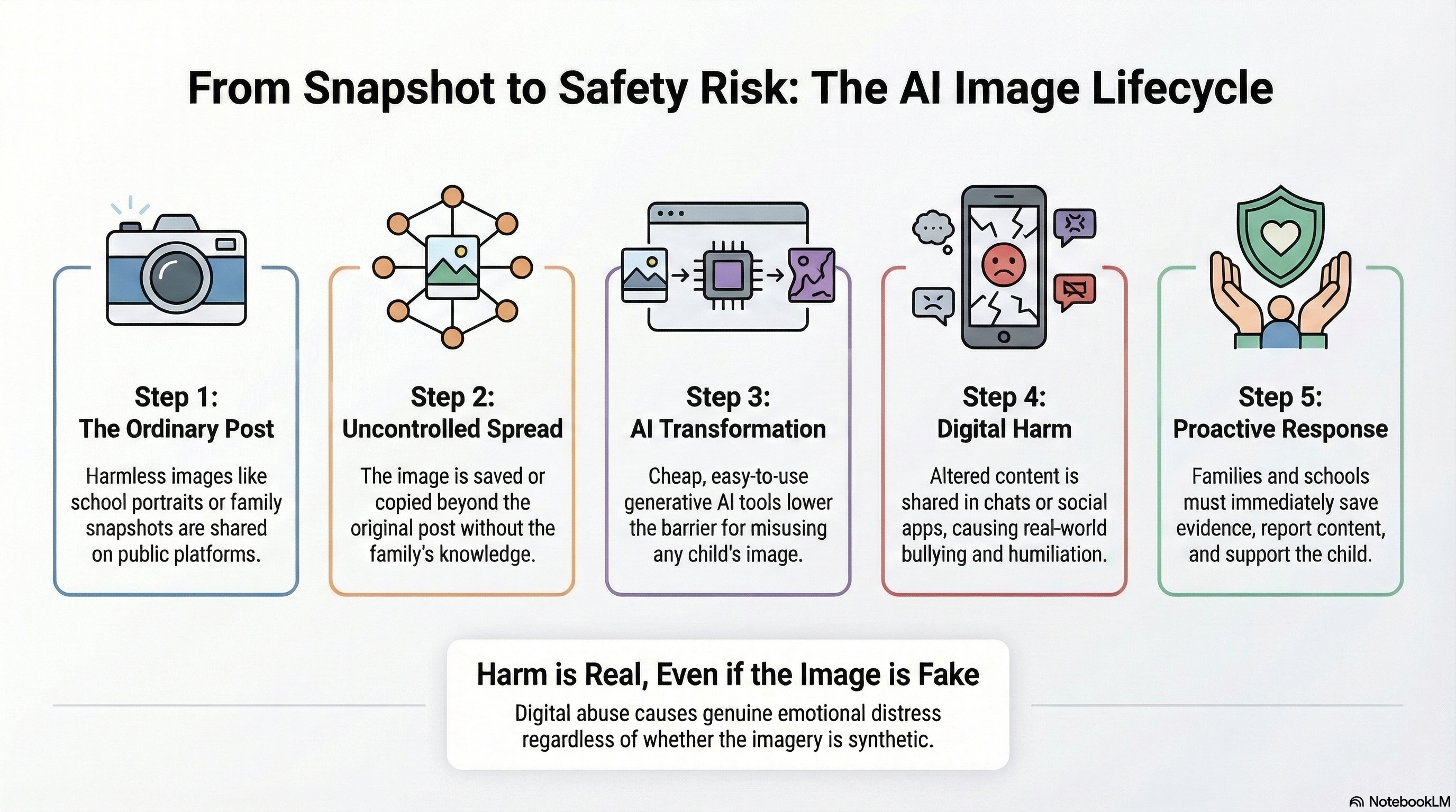 Infographic showing how an ordinary child photo becomes a digital safety risk