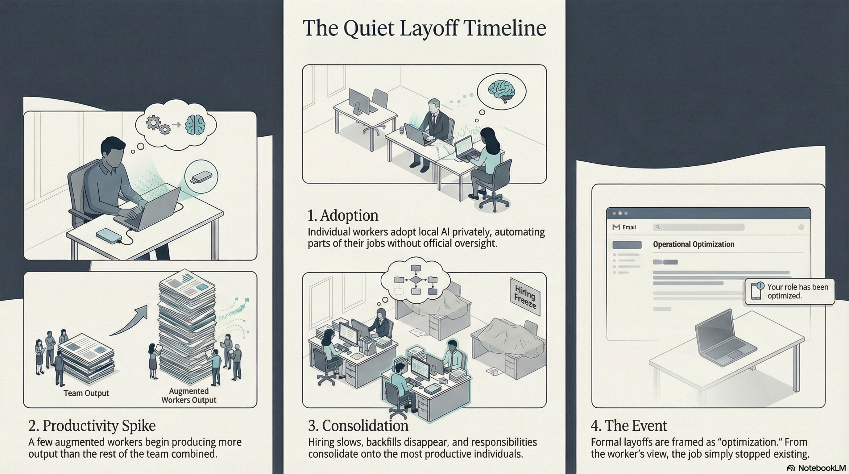 Infographic: Timeline showing how local AI adoption leads to role erosion before layoffs